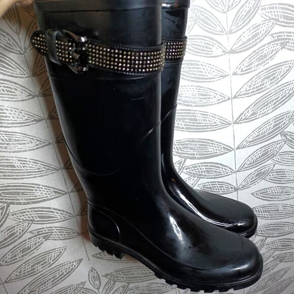 Burberry Knee High Rubber Rain Boots Bling Buckle Strap Black Preppy
